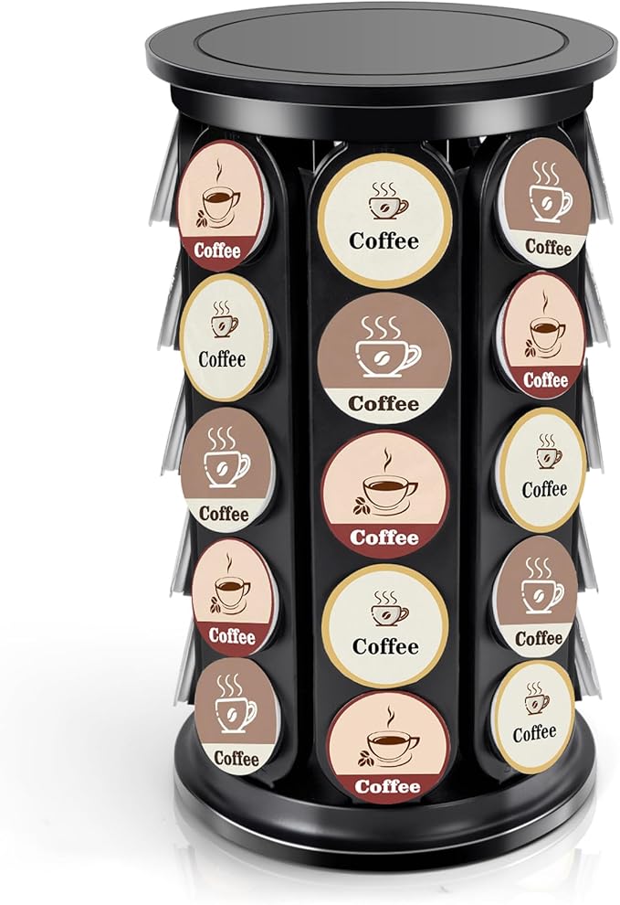 Coffee Pod Carousel Compatible with K-Cup Pods, K Cup Holder Holds 40 Coffee Capsule, New Modern Design for Kitchen Office Countertop or Coffees Station Organizer, Detachable (Black)