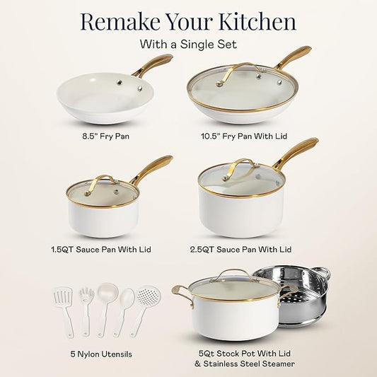 Gotham Steel 15 Pc Ceramic Cookware Set, Ceramic Pots and Pans Set Non Stick with Cooking Utensils and Steamer, Non Toxic PFOA PFOS Free, Premium Gold Stay Cool Handles, Oven & Dishwasher Safe