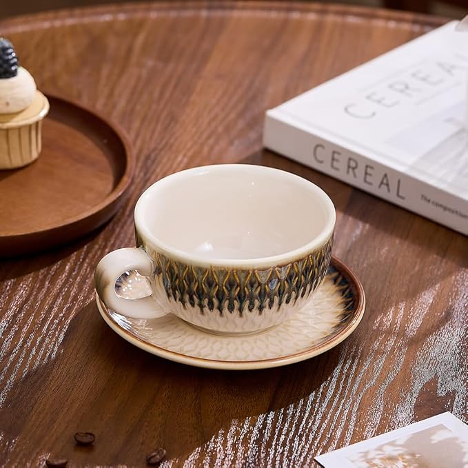 Vintage Design 12 oz Ceramic Latte Art Cappuccino Barista Cup with Saucer (Embossed Vintage)