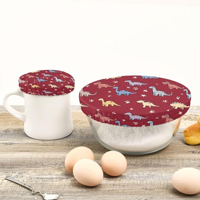 5 Pcs Bowl Covers Reusable in 5 Size Elastic Food Cover Cloth Lids Fresh Keeping Dish Cookware Bakeware Fabric Covers Lids for Food Leftovers Fruits Storage Red Dinosaur Stars and Paw Print