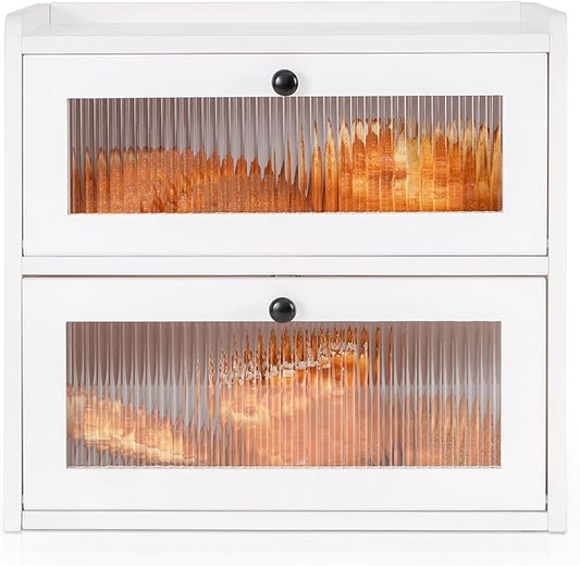 Sunhoo Bread Box for Kitchen Countertop Wooden Bread Storage Container Bin 2 Layer Breadbox Holder Large Capacity Keeper Vintage Farmhouse Food Organizer Pantry Shelf Acrylic Window (White)