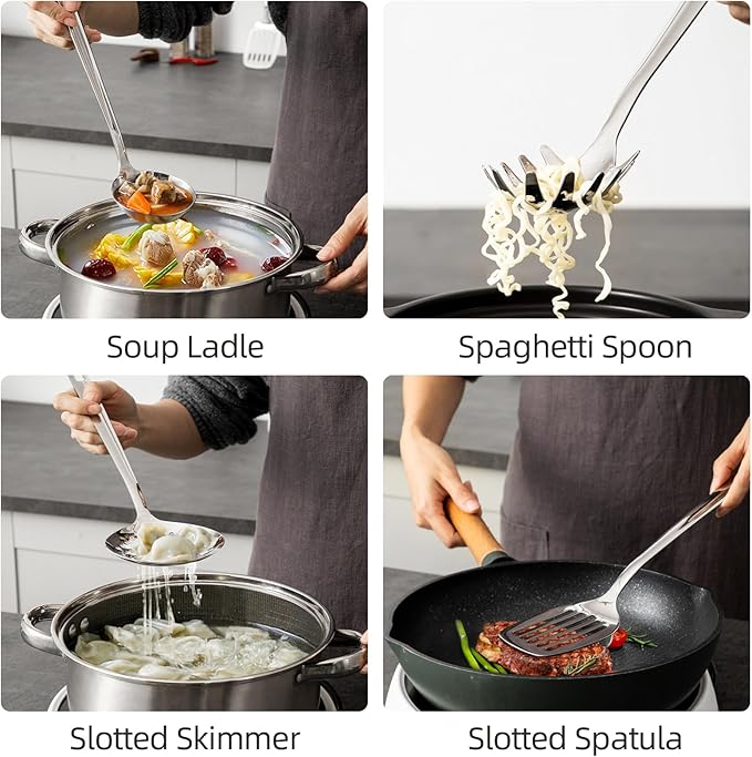 18/8 Stainless Steel Cooking Utensil set, 8 Pieces Metal Kitchen Utensils set, Slotted Spoon,Meat Fork,Ladle,Skimmer Spoon,Spatula,Spaghetti Server,Large Spoon,Masher (Dishwasher Safe, Silver)