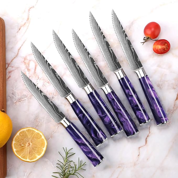 SENKEN Professional Steak Knife Set with Engraved Damascus Pattern, Razor Sharp Blade, High Carbon Steel with Gift Box (Amethyst Purple, Steak Knives Set of 6)