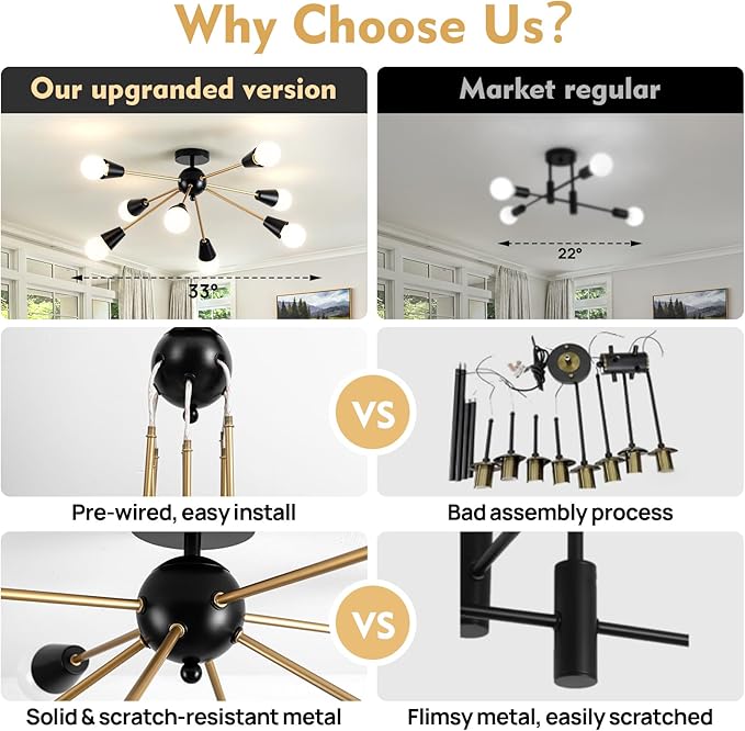 Modern Sputnik Chandelier - 8-Lights Farmhouse Ceiling Lights Fixture Black and Gold Semi Flush Mount Ceiling Light for Living Room Bedroom Hallway Entryway
