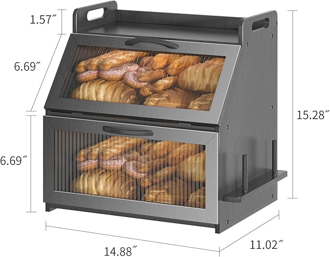 Bread Box, Bread Box for Kitchen Countertop, Large Bread Storage Container for Homemade Bread, Wooden Farmhouse Breadbox Organizers, Double Layer Bread Bin with Acrylic Window Bread Holder,Black