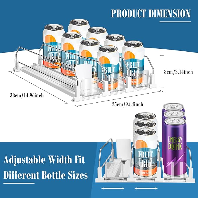 asika Drink Organizer for Fridge, Adjustable Width Soda Can Dispenser for Refrigerator Organizers and Storage, 3 Rows Beer Bottle Beverage Holder with Pusher Glide (14.96" D, White)