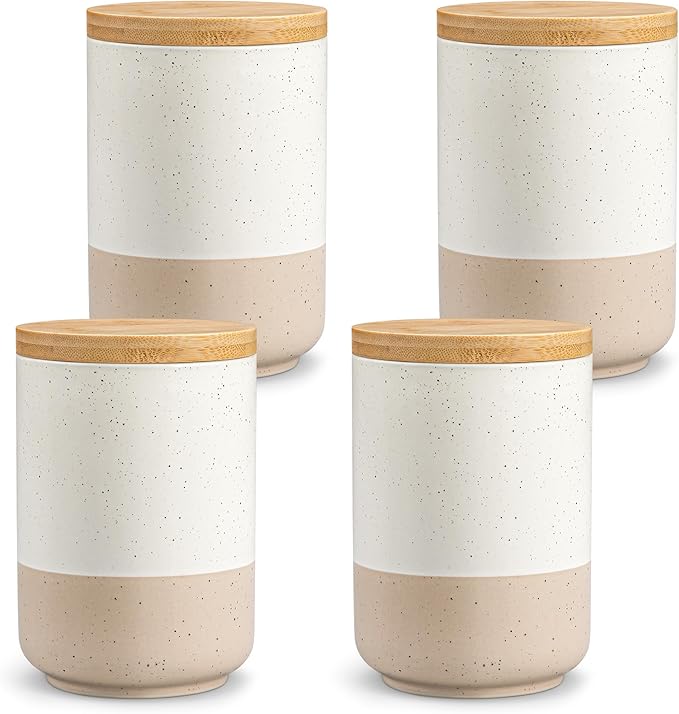 vancasso Sabine Ceramic Canister Set with Airtight Wood Lids - 4-Piece Small Kitchen Storage for Coffee, Sugar, Tea & Spices (18 oz Each) - Compact Countertop Jars