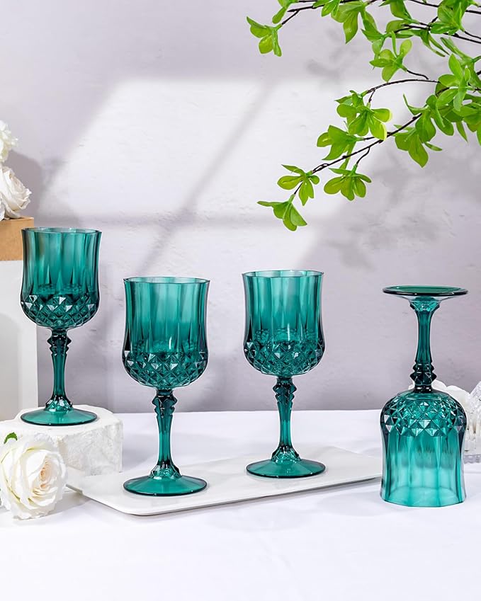 Ciaell 24PCS Green Plastic Wine Glasses - 7 Oz Plastic Goblets for Party - Green Vintage Drinking Glasses - Disposable Water Goblets Set for Wedding, Bar, Wine, Beer, Juice, Cocktail, Christmas