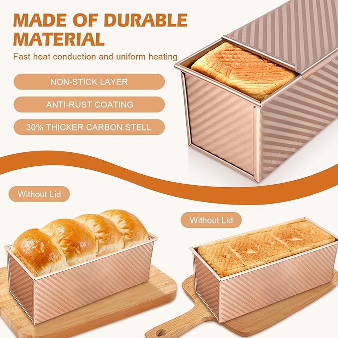 2Pack Loaf Pans with Lids – 2.2 LB & 1 LB Dough Capacity, Non-Stick Carbon Steel Bread Pans for Homemade Sandwich and Sourdough Bread, Corrugated Toast Mold