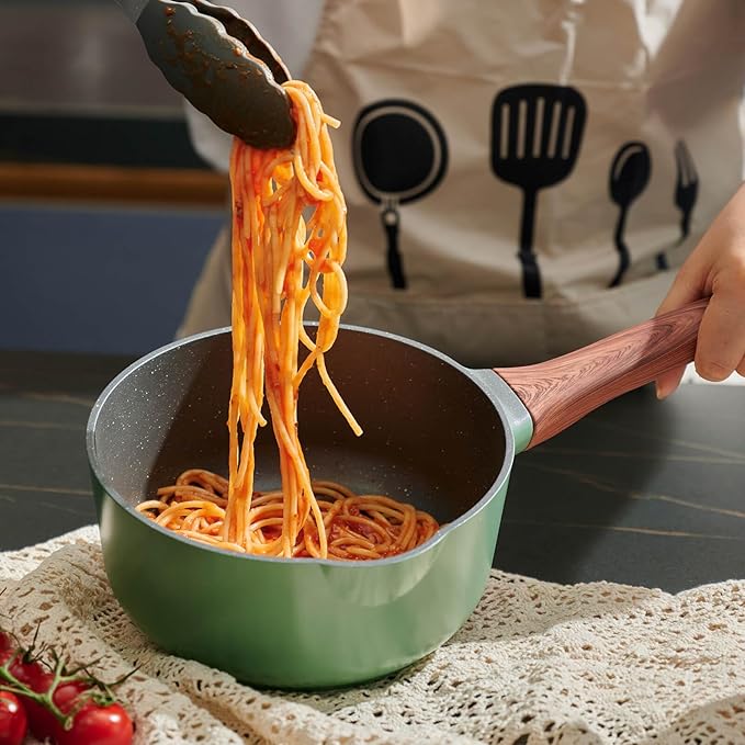 2 Quart Nonstick Saucepan with Lid, Non Stick Ceramic Saucepan Pot for Cooking with Pour Spout and Handle for Stove, Induction, Gas, Non Toxic, PFOA Free (Green with Black Inside, 1 PCS)