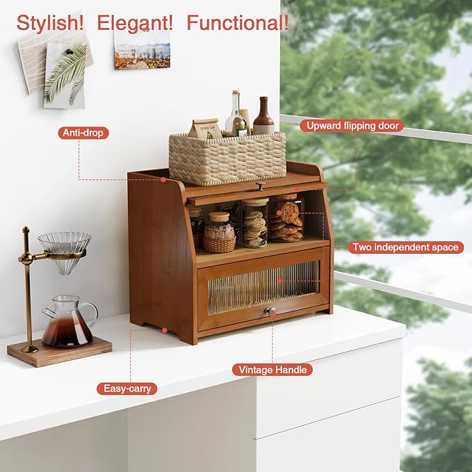 Walnut Brown Roll Top Bread Box for Kitchen Countertop, 2 Tier Large Bread Storage Container for Homemade Bread, 2 Door Wooden Breadbox Holder Keeper for Sourdough Loaf Storage (Bamboo Wood)