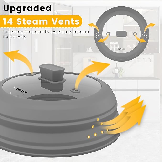 Microwave Splatter Cover, Vented Silicone and Glass Cover Splatter Guard Lid, Food Collapsible Plate Cover Lid with Easy Grip Handle. (Gray, 9 inch)