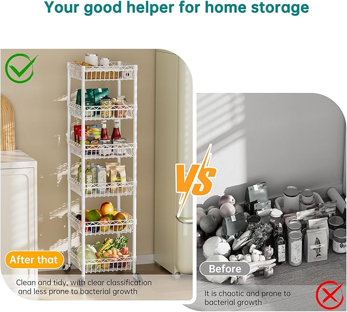 SINGAYE Shelf 6 Tier Wire Shelving Unit with Wheels Baskets Storage Rack Corner Shelves Adjustable Closet Bathroom Organizers Metal Pantry Kitchen Garage Laundry Room 13.5" D x 13.5" W x 63" H White