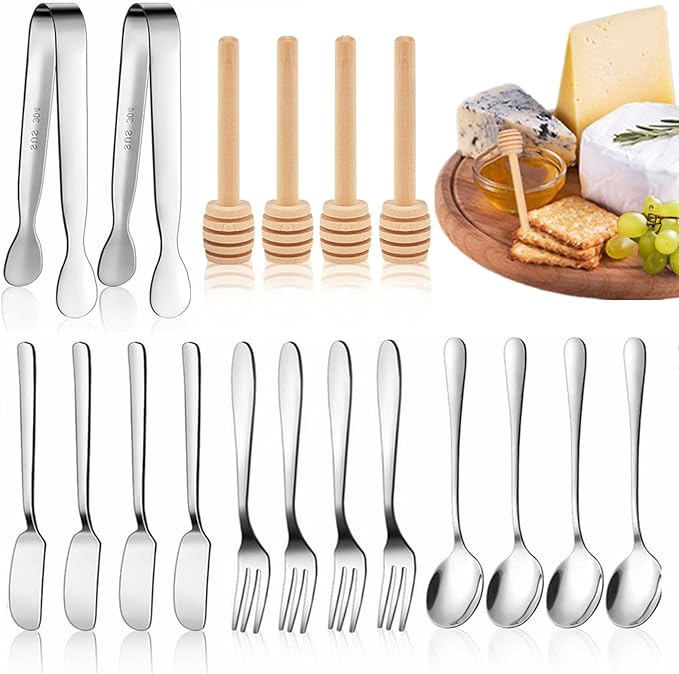 Charcuterie Board Accessories, 18 Pcs Silver Stainless Steel Spreader Knives Set Include Mini Serving Tongs, Cheese Butter Knives, Spoons, Forks, Honey Dippers