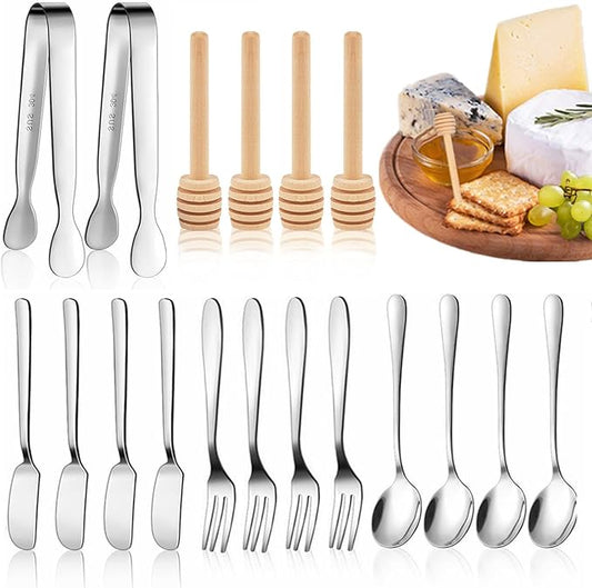 Charcuterie Board Accessories, 18 Pcs Silver Stainless Steel Spreader Knives Set Include Mini Serving Tongs, Cheese Butter Knives, Spoons, Forks, Honey Dippers