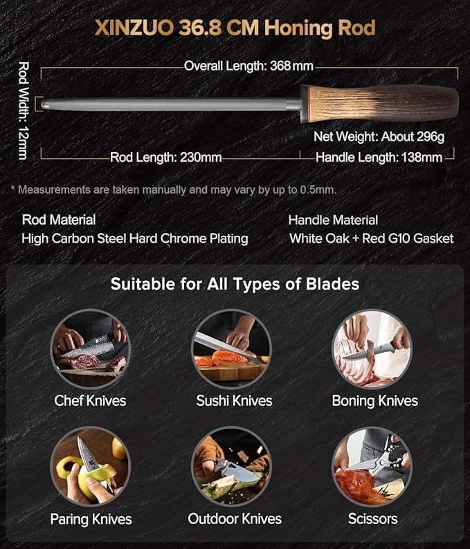 XINZUO 9.1 Inch Knife Sharpener Rod,High-Carbon Steel Hard Chrome Plating Honing Rod For Various Kitchen Knives Grinding, Pruning Shears With White Oak + Red G10 Gasket Handle