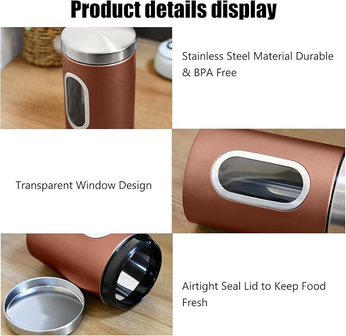 Canisters Sets for the Kitchen, 3pcs Sugar Flour Tea Coffee Storage Jars Stainless Steel Food Container Organizer for Kitchen Counter with Transparent Window (bronzy)
