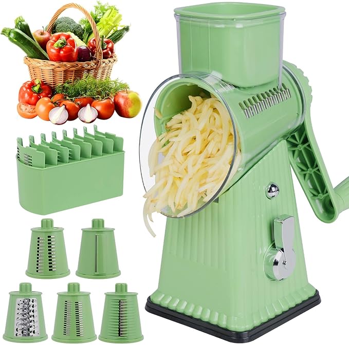 Rotary Cheese Grater with 5 Blades, Large Food Tube, Safety Food Pusher, Strong Suction Base, Mint Green