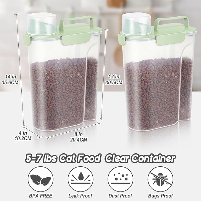 5-7Lbs Dog Cat Food Storage Container with Upgraded Large Nozzle BPA-free, 4 Snap Seals Plastic Pet Food Storage Containers with Handles (3, Light Green, 5L)