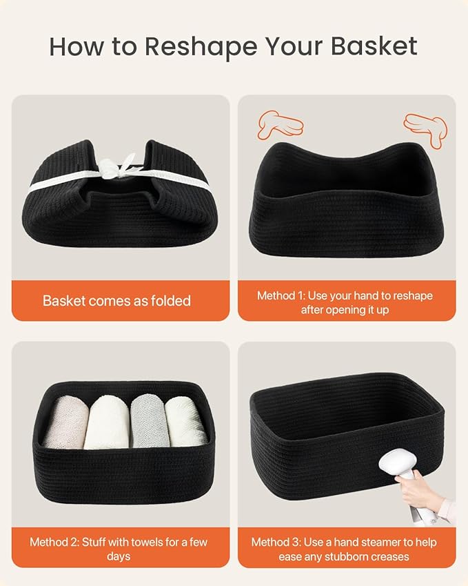 Small Woven Basket, 13.5 x 9.5 x 5 Inches, Storage Basket for Organizing, Cute Small Rope Shelf Closet Cube Storage Bins Baskets for Shelves, Dog Toy Gift Baskets Empty, 3 Packs, Black