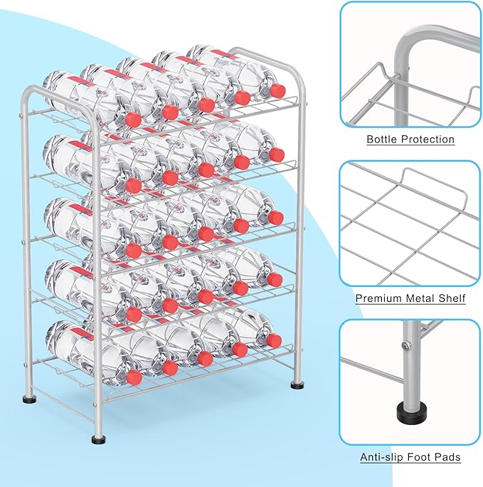 5 Tier Water Bottle Organizer Small Water Bottle Holder Stand Freestanding Metal Bottled Water Rack Dispenser for Kitchen, Pantry Organization and Storage, Silver