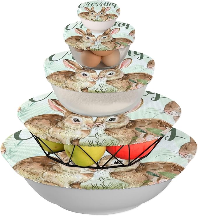 5 Pcs Bowl Covers Reusable in 5 Size Elastic Food Cover Cloth Lids Fresh Keeping Dish Cookware Bakeware Fabric Covers Lids for Food Leftovers Fruits Storage Easter Bunny Flowers Plant