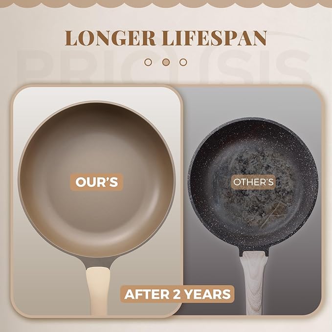 PRICUSIS Nonstick Frying Pan with Lid, Healthy Skillet, Egg Pan Nonstick Omelet Pan Chef's Pan, PFOA & PTFE Free, Induction Compatible (10 Inch W/L Natural Linen)