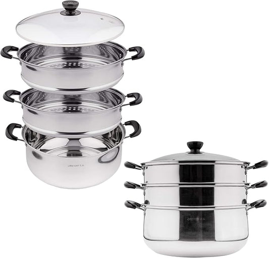 3 Tier Stainless Steel Steamer Pot For Cooking With Stackable Pan Insert, Food/Vegetable Steamer Cooker, Cookware Pot/Saucepan with Glass Lid, Multilayer By Lake Tian (28cm/11in)