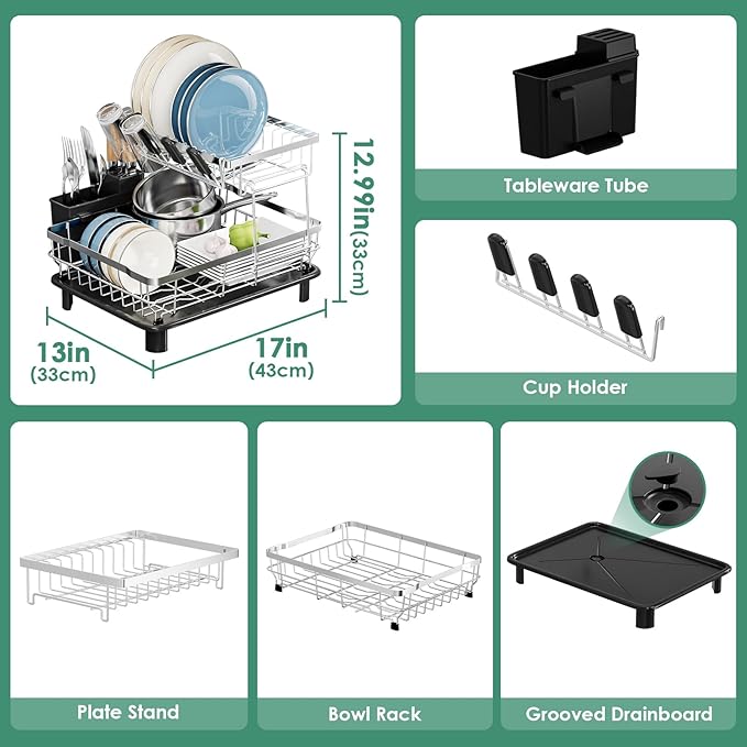MOUKABAL Dish Drying Rack - 2 Tier Stainless Steel Dish Rack, Dish Racks for Kitchen Counter, Drying Rack Kitchen with Removable Utensil Holder and Drainboard (Black)