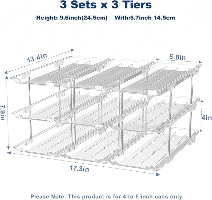 Can Organizer For Pantry,3 Sets 3 Tiers Pantry Organizers And Storage, Pantry Organizer for Fridge 36 Standard and Tall Cans Rack Automatic Rolling Stackable Canned Food Organizer, Clear