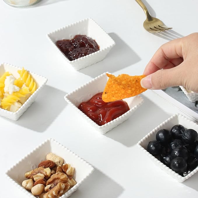 UIBFCWN 6 Pack Ceramic Dip Bowls Set, 2.3oz White Dipping Sauce Bowls/Dishes for Tomato Sauce, Square Side Dishes, Mini Appetizer Plates for Condiment