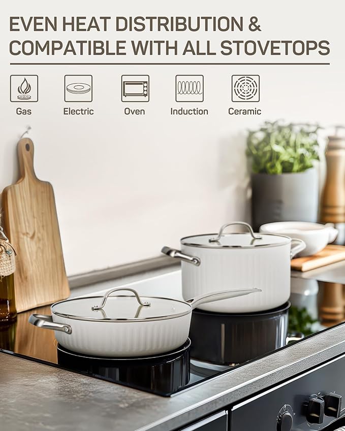 10Pcs Nonstick Cookware Set, Ciwete Tri-Ply Ceramics Cookware Set, Kitchen Pots and Pans with Stay Cool Ergonomic Handle, Dishwasher Safe, Oven Safe, Gift, Compatible with All Stovetop, White