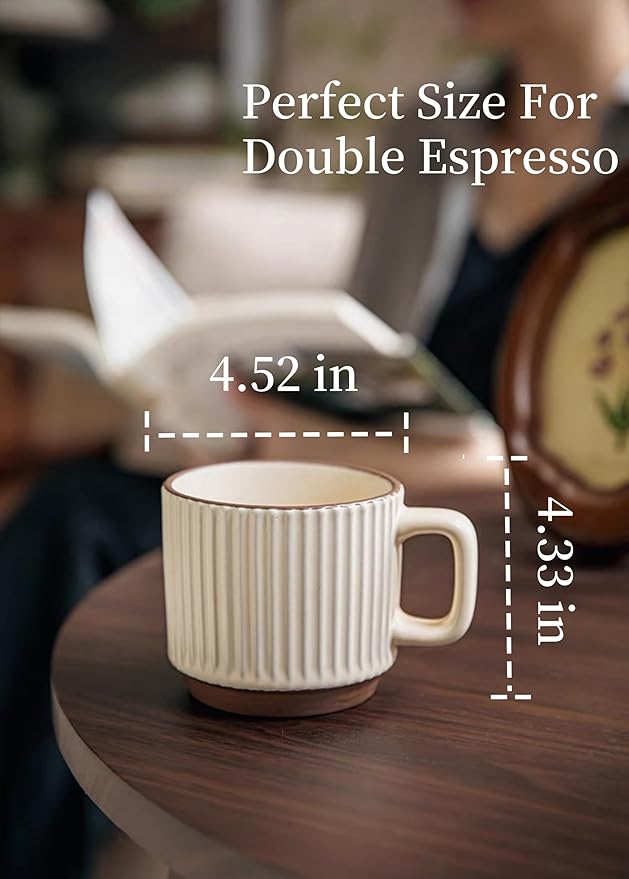 Stackable Coffee Mugs Set, Ceramic Espresso Cups for Au Lait, Cappuccino,Latte,Cafe,Mocha,Tea, Embossment Cups Suit For Housewarming Wedding- 8 oz, Set of 2,Beige&Brown