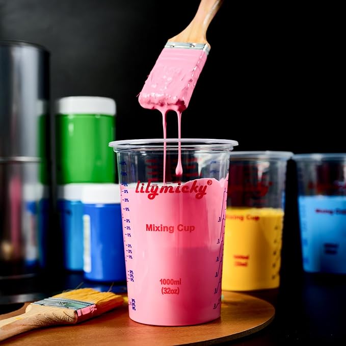 25 PACK Plastic Measuring Cups, 32 oz (1000ml) Disposable Mixing Cups, Measurement ratios: 2:1, 3:1, 4:1, Perfect for Epoxy Resin, Paint Mixing, Art DIY