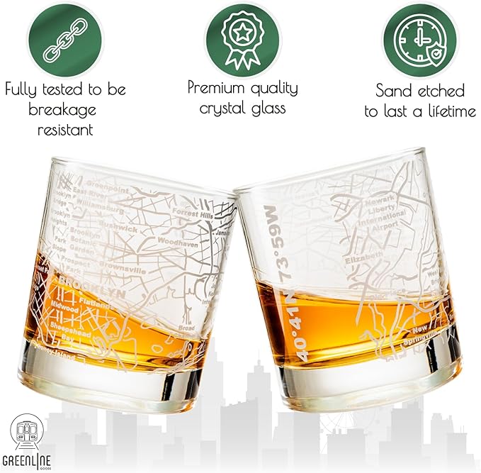 Greenline Goods Whiskey Glasses - 10 Oz Tumbler Gift Set for Brooklyn lovers, Etched with Brooklyn Map | Old Fashioned Rocks Glass - Set of 2