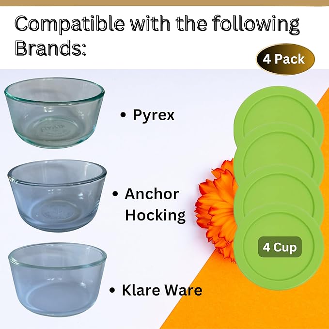 4 Cup/950 mL Spring Green Replacement Lids/Covers for Pyrex 7201-PC, 4 Cup/32oz Anchor Hocking & Klare Ware Storage Bowls *Lids Only* - *Glass Container Not Included* (4 Pack, Spring Green)