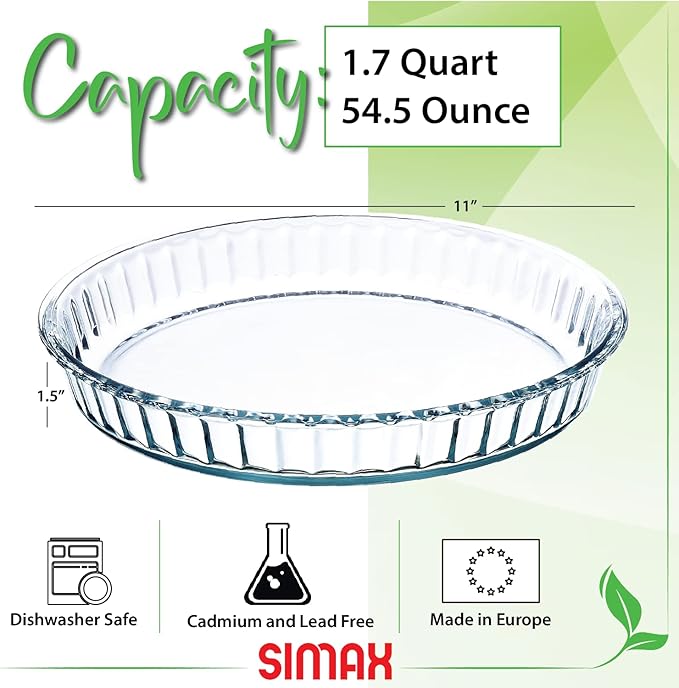 Simax Glass Pie Pan, 11 Inch Round Pie Plate, Glass Baking Dish, Fluted Pie Holder, Oven Safe Tray, Borosilicate Glass