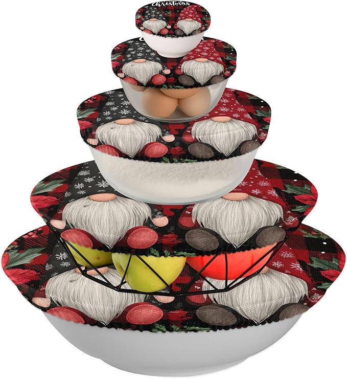 5 Pcs Bowl Covers Reusable in 5 Size Elastic Food Cover Cloth Lids Fresh Keeping Dish Cookware Bakeware Fabric Covers Lids for Food Leftovers Fruits Storage Red Black Checkered Christmas Gn