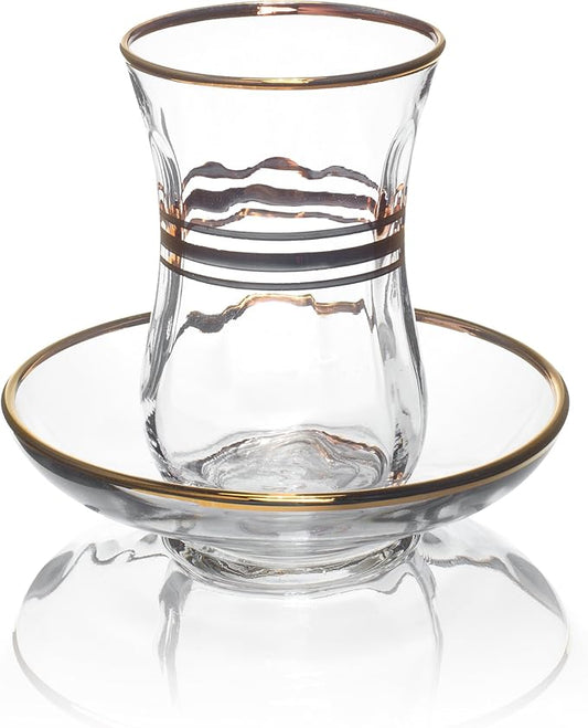 Red Co. Set of 6 Small 4 Oz Turkish Clear Glass Tea Cups & Saucers with Gold Trim