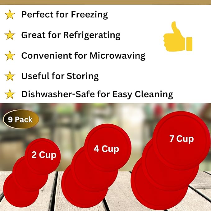 2, 4 & 7 Cup Red Replacement Lids/Covers for Pyrex, Anchor Hocking & KlareWare Storage Bowls *Lids Only Glass Container Not Included* (9 Pack *Three of Each Size*)