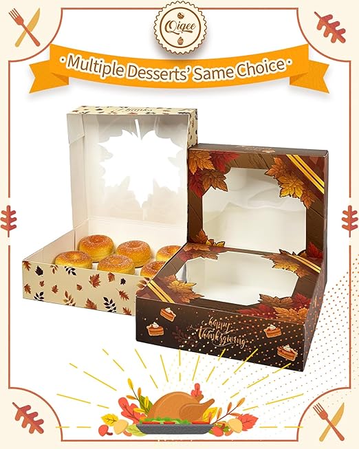 qiqee Thanksgiving Cookie Boxes with Window For Gift Giving Fall Treat Boxes 10x10x2.5 inch 30Packs Pie Donut Bakery Box