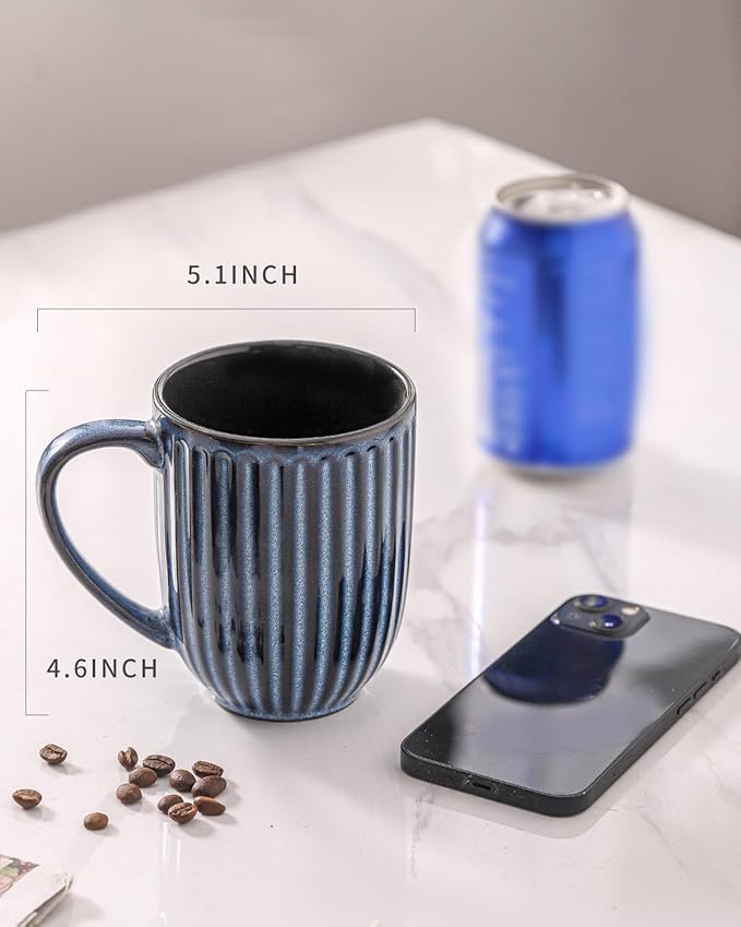 Hasense Coffee Mugs Set, 16 oz Ceramic Coffee Cups, Ribbed Tea Cup Set of 4, Dishwasher & Microwave Safe, Wedding, Housewarming Gift, Navy Blue