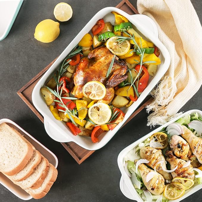 Sweejar Casserole Dishes for Oven, Ceramic Bakeware Set of 3, Lasagna Pan Deep with Handle, Rectangular Baking Pan Set, 9x13 Baking Dish for Cooking, Banquet and Daily Use (Jade)