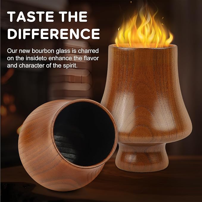 Charred Wooden Bourbon Drinking Glass, Charred Old Fashioned Glass, Handcrafted Whiskey Glass for Men, Great Whiskey Gifts for Men, Dad, or Brother (2 Pack)