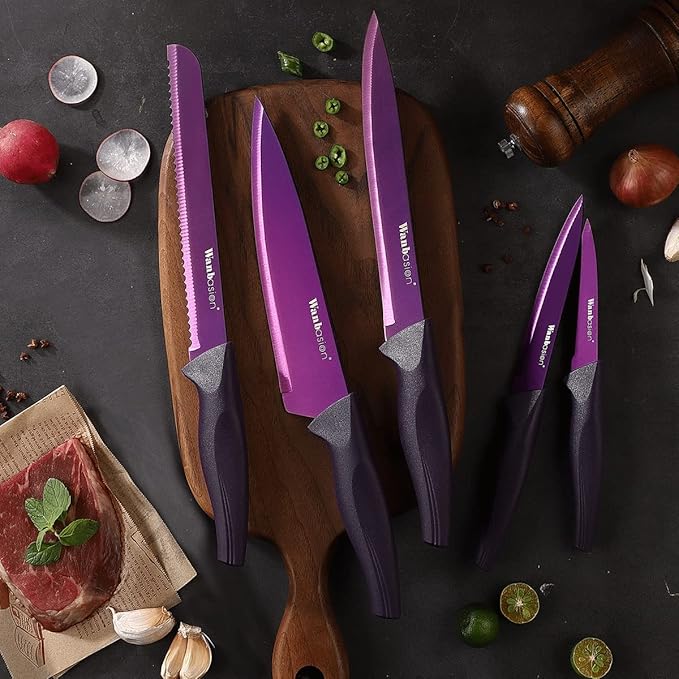 Wanbasion Purple 5 Piece Knife Set for Kitchen Professional, Stainless Steel, Kitchen Knife Set Dishwasher Safe with Covers