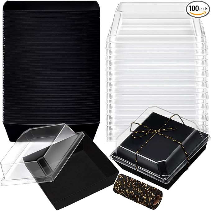 Ctosree 100 Pcs Paper Charcuterie Boxes with Clear Lids 4.5 Inches Disposable Cake Square Dessert Container Bakery Boxes Bundle with Rope for Food Cake Slice Cookie Sandwich Dessert(Black)