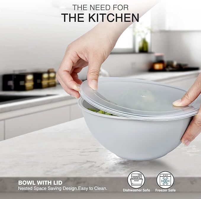 6-Piece Plastic Mixing Bowl Set with Lids for Kitchen, Nesting Storage Bowls for Baking, Prepping,Cooking and Serving Food, Dishwasher, Microwave Safe,Great for Mixing & Serving,Gray