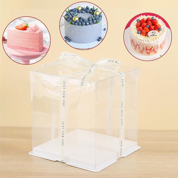 12x12x10inch 6Pcs Tall Cake Boxes Clear cake Box with Ribbon,Pre Folded Lid for 10" and 11" Inch Tall Layer Tiered Cakes and Bakery Display Birthday Wedding Party(Clear Lid, 12*12*10inch/6Pcs)