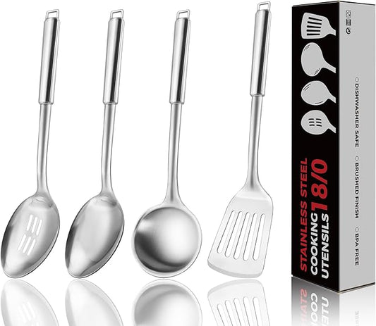 18/0 Stainless Steel Kitchen Cooking Utensil Set, Ergonomic Handle, Dishwasher Safe, Slotted Spoon, Ladle, Turner, Serving Spoon for Housewarming Daily Use Commercial, Pack of 4