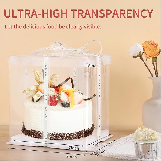 6Pcs 7*7*8inch clear cake boxes with Ribbon, 4inch 5 inch cake box for Bakery Treat,2-Layer Tall Cake Package Boxes,Transparent Gift Display Box with Lid for Birthday Party (Clear Lid, 7*7*8inch/6Pcs)